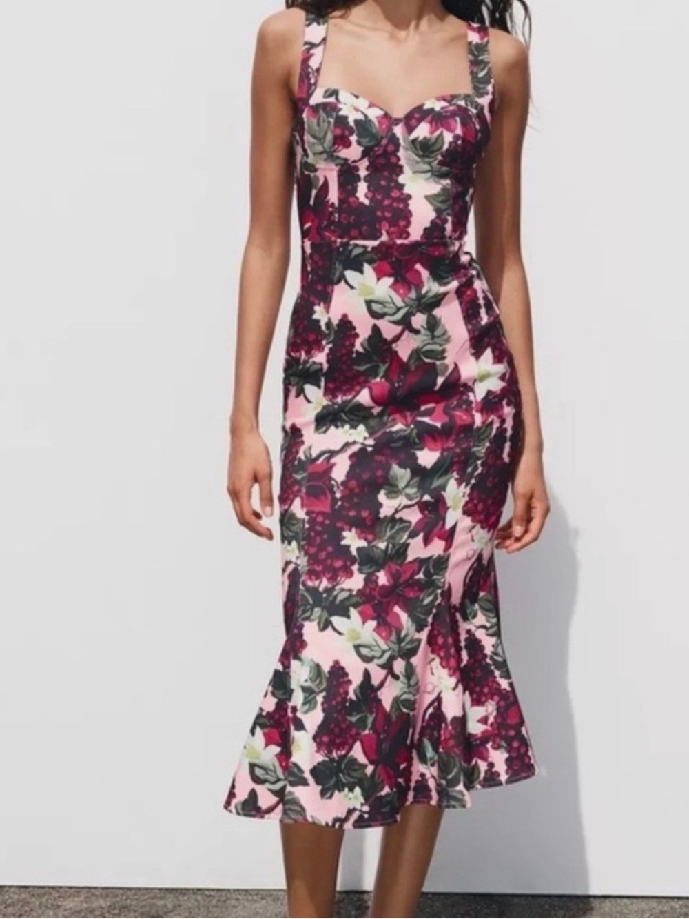 ZARA PINK FLORAL BUSTIER MIDI DRESS